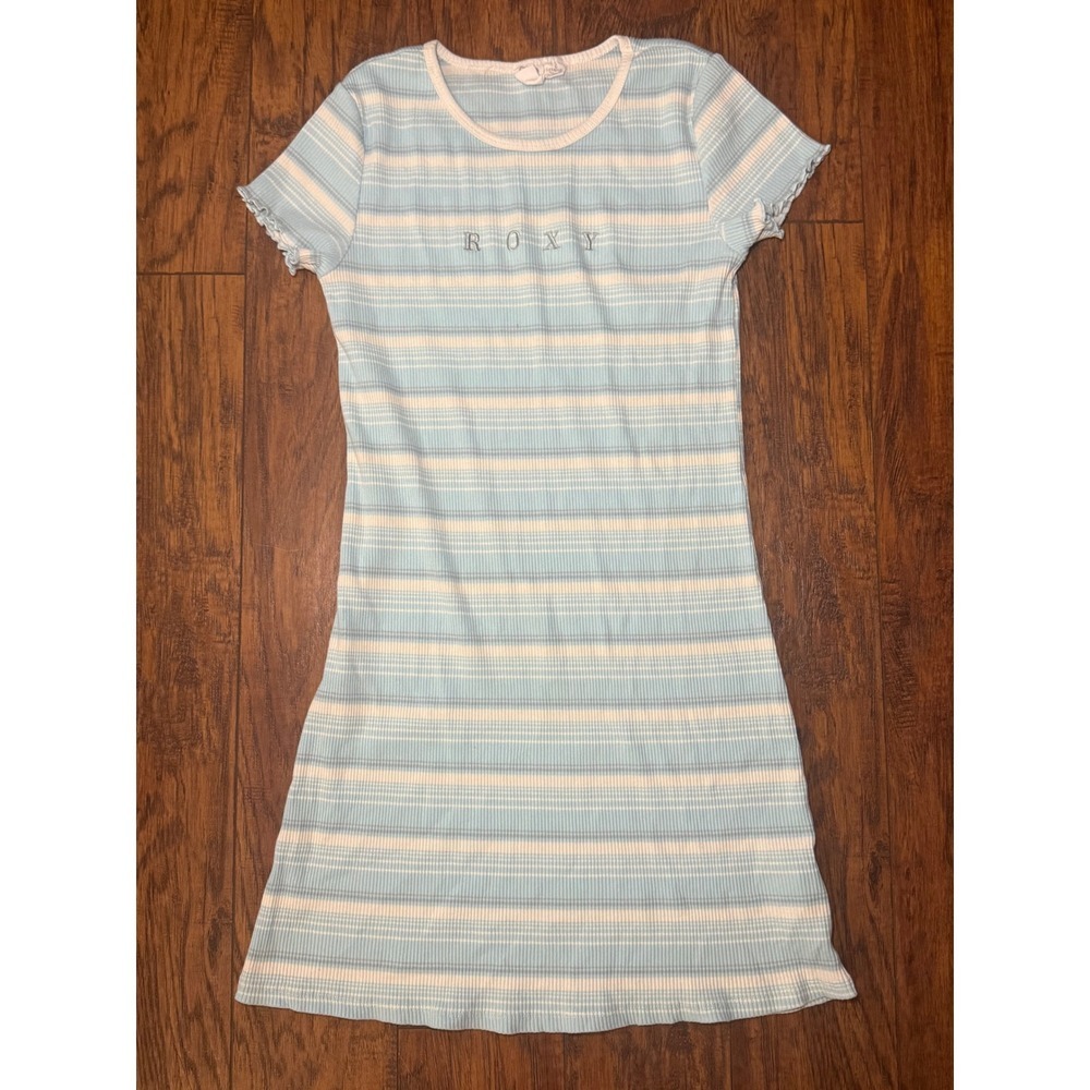 Roxy Girls T-Shirt Dress Size L 14/16 Blue White Striped Ribbed Lettuce Trim